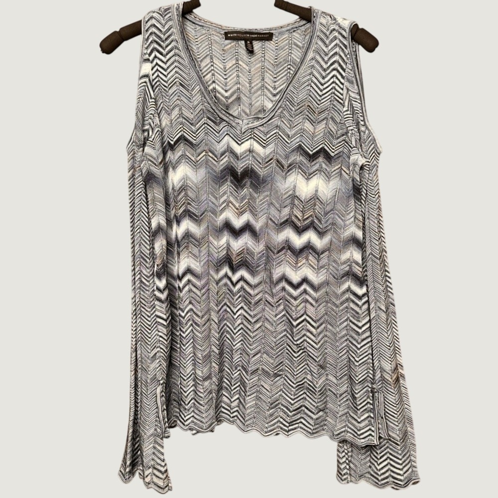 White House Black Market Cold Shoulder Zig Zag Knit Sweater Top M Blue Gray Whte